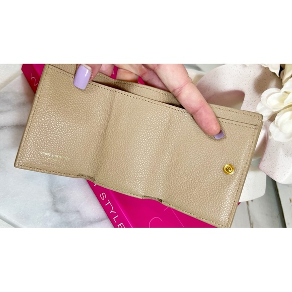 Saint Laurent Taupe Calfskin Line Flap Compact Wallet - Picture 8 of 11
